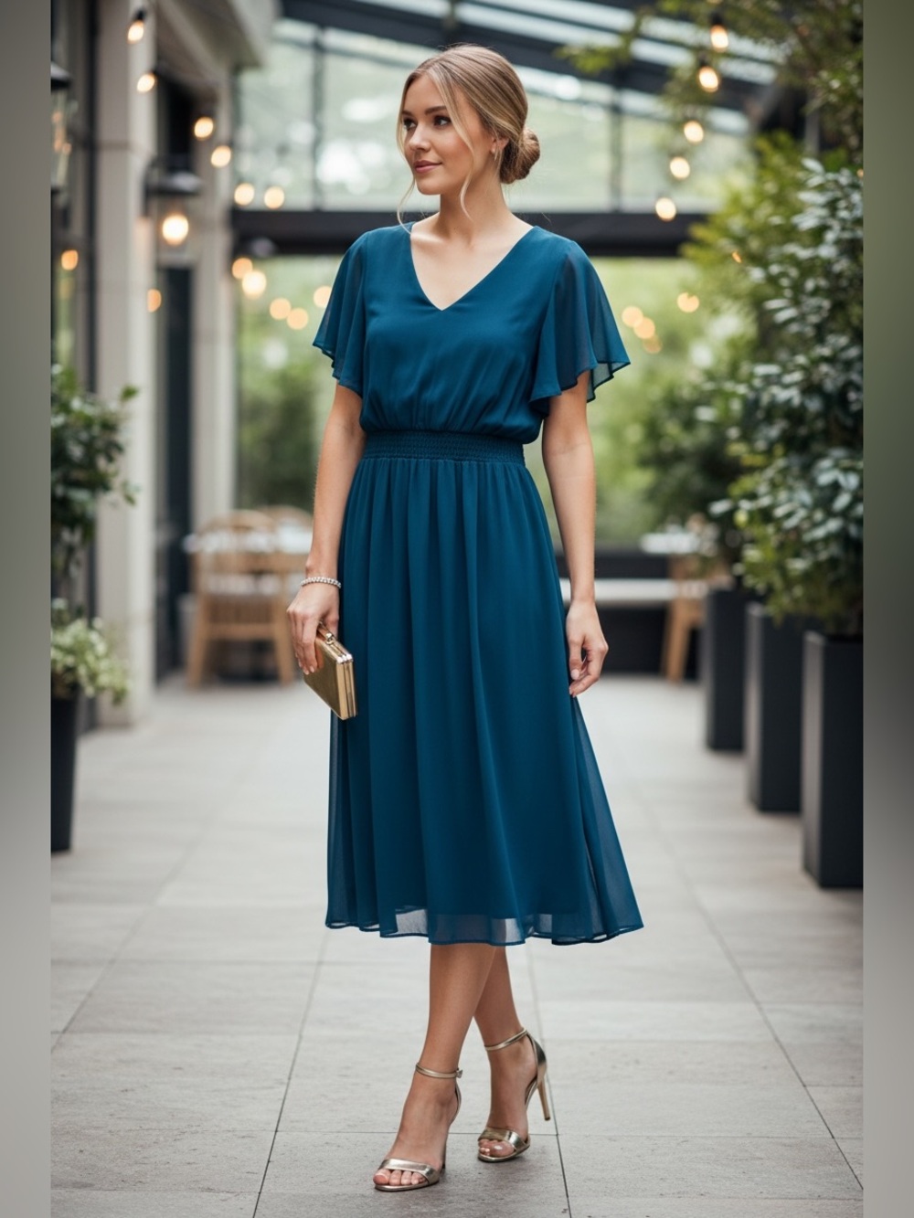DKNY Teal Chiffon Flutter Sleeve Midi Dress Romantic Occasion Dress